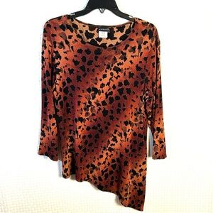 Vintage Citiknits Women M Asymmetrical Tunic Top Slinky Knit Rust Leopard Travel
